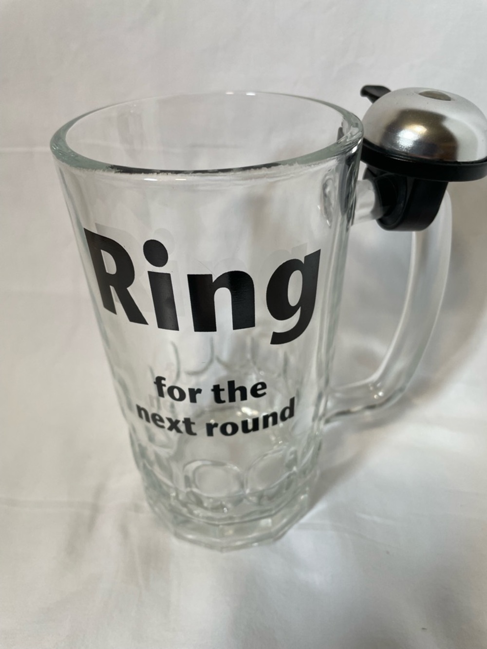Ring Branded Clear Glass Beer Mug with Handle Bell